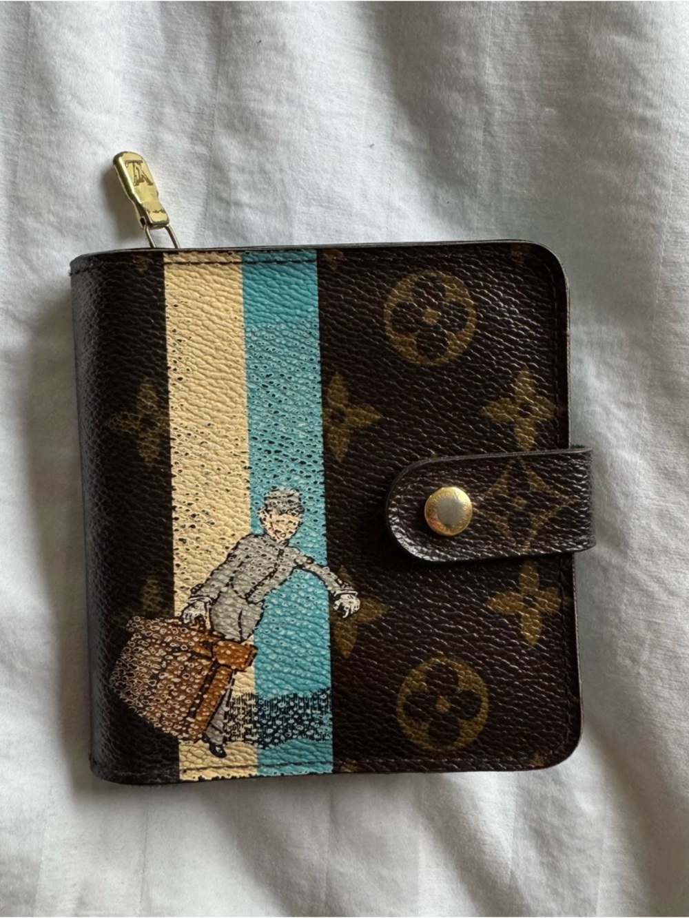 Louis Vuitton Brown Monogram Canvas Wallet with Cream and Teal Stripe